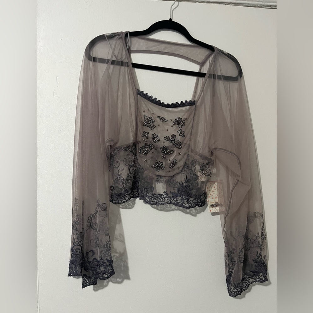 Free People Sheer Black Embroidered Blouse